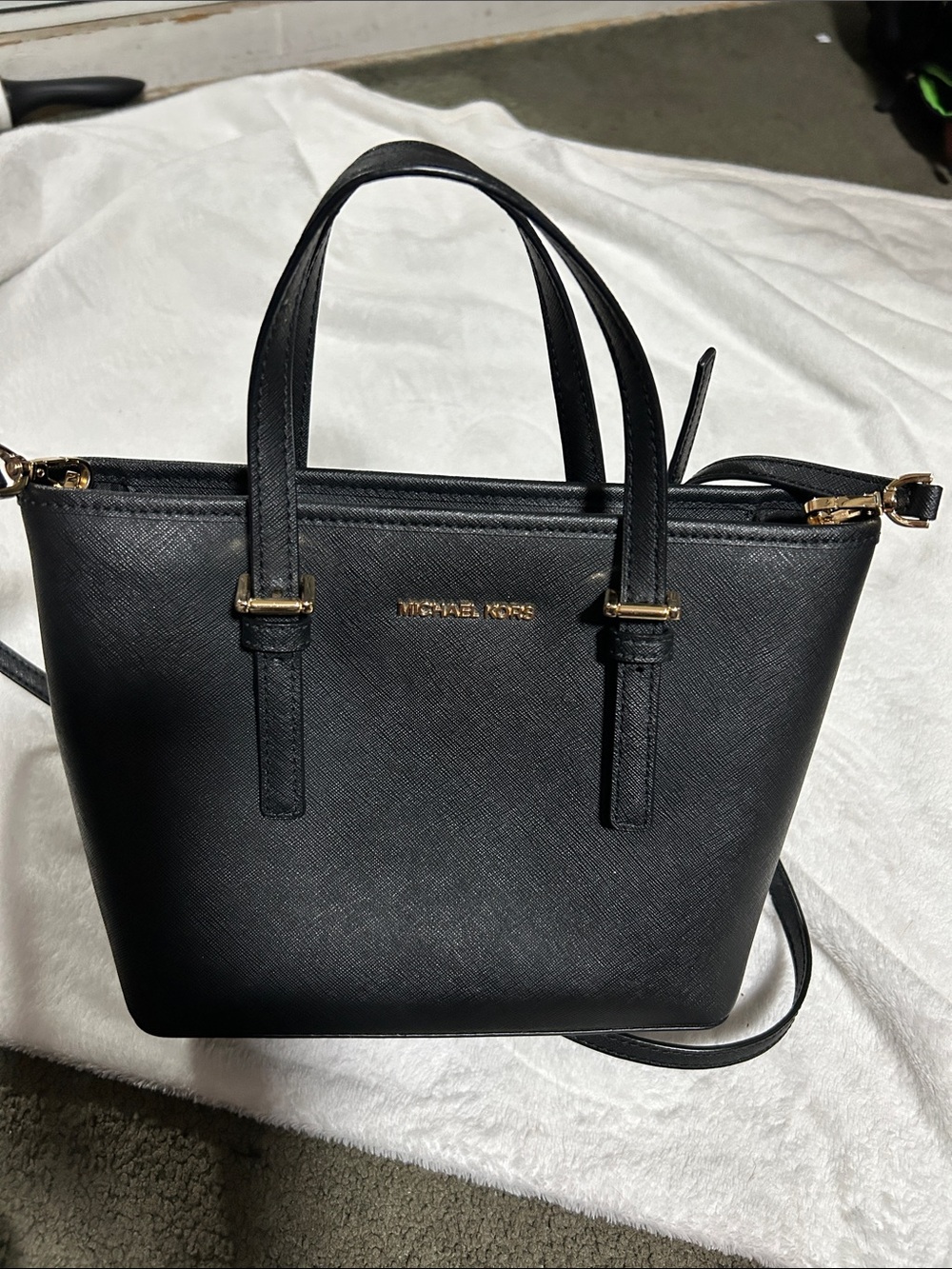 Michael Kors Black Leather mini tote with Gold Hardware, crossbody bag.